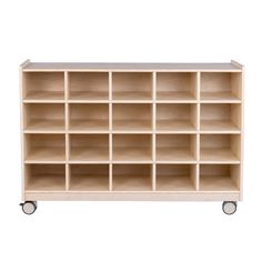 a wooden shelf with many compartments on wheels