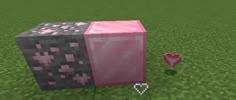 a pink cube with an object in front of it on a green grass field,