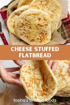 cheese stuffed flatbreads are being held by hands