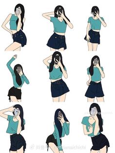 various poses of a woman in blue shirt and black skirt with her hands on her face