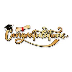 congratulations sticker with a graduation cap and diploma in gold on top of the word congratulations