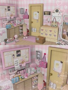 two pictures of the inside of a doll's house with furniture and accessories in it