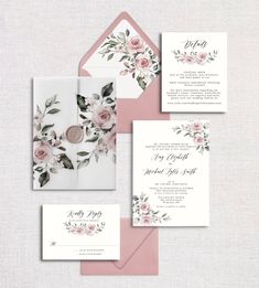 wedding stationery with pink flowers and greenery