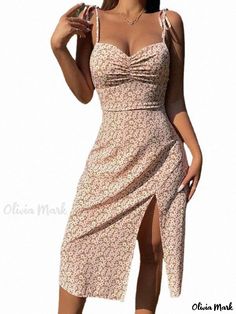 Olivia Mark - Floral Print Sleeveless Backless Split Short Dress with Spaghetti Straps Waist Circumference, U Neck, Types Of Skirts, Olivia Mark, Short Dress, Types Of Collars, Spaghetti Strap, Types Of Sleeves, Short Dresses