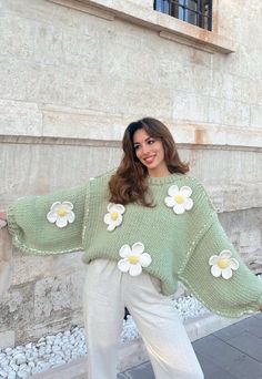 Wool Knit Sweater, Floral Cottagecore, Handmade Sweater, Cottagecore Fashion, Crochet Stitches For Beginners, Floral Sweater, Hand Knitted Sweaters, Wool Knit