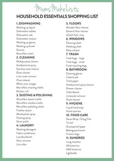 the house cleaning checklist is shown in green and white with text that reads, household items