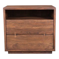 a wooden cabinet with two drawers on one side and an open drawer on the other