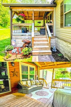 the before and after pictures of a porch with steps leading up to an outdoor living area