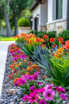 colorful flowers line the side of a house