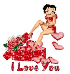 a woman in red dress sitting on top of a box with roses and hearts around her