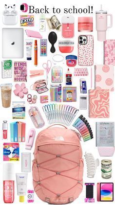 the back to school backpack is packed with items and supplies for travel, including makeup, hair