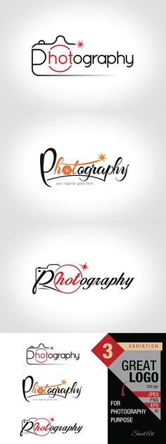 the logo for photography is shown in three different colors and font styles, including red, white