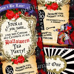 an old fashioned halloween party card with roses on the front and back, in black and red