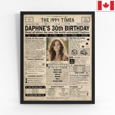 an old newspaper advertises the birth of dappne's 30th birthday