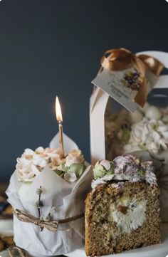 a piece of cake on a plate with a candle