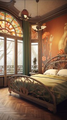 a bedroom with stained glass windows and an iron bed in the center, along with hardwood floors