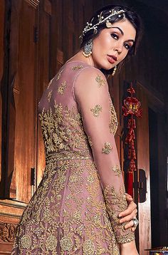 Mauve & Gold Designer Embroidered Silk Bridal Anarkali Gown-Saira's Boutique Silk Anarkali Gown, Nikkah Outfit, Bridal Pants, Bridal Anarkali Suits, Bridal Anarkali, Net Gown, Off White Designer, Silk Evening Gown, Butterfly Net