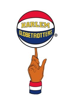 a hand holding a basketball with the word harlem globetrooters on it