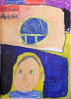 a child's drawing of a man and woman in front of a building with the words orange arena on it