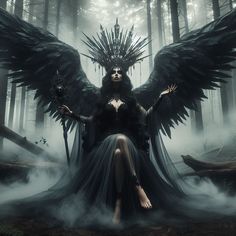 a woman sitting on top of a throne in the middle of a forest with wings