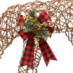 a red and black plaid bow tied to a horse's head with greenery