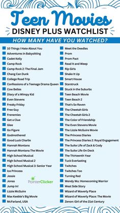 the ten movies disney plus watchlist is shown in blue and white with text that reads how many have you watched?