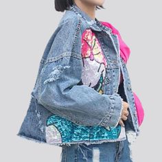 Take a step back in time and bring the past into the present with our Y2K-inspired Ribbon Jean Jacket for Women from our 2023 Spring-Summer Collection. With a stunning large fit and dazzling embellishments. this jacket is a unique piece of art that will turn heads wherever you go!Distinctive Features: Y2K Style: This jacket is an iconic reminder of the 90s. featuring a timeless denim fabric and a modern roomy fit. Embellished: This jacket is adorned with intricate ribbon detailing and unique tou Spring Denim Jacket With Sequins Long Sleeve, Spring Denim Jacket With Sequins And Long Sleeves, Spring Sequined Long Sleeve Denim Jacket, Trendy Long-sleeve Denim Jacket With Sequins, Trendy Long Sleeve Denim Jacket With Sequins, Summer Sequined Outerwear, Spring Denim Jacket With Sequins, Trendy Denim Jacket With Sequins, Casual Long Sleeve Denim Jacket With Sequins