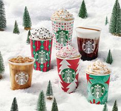 starbucks cups in the snow surrounded by small trees