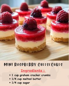 mini raspberry cheesecakes on a cutting board with instructions for how to make them