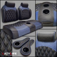 four different views of the seat covers and accessories for a car or truck, all in grey and blue leather