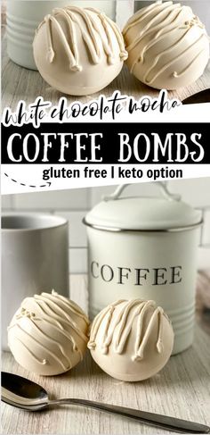 white chocolate coffee bombs in front of coffee canister.