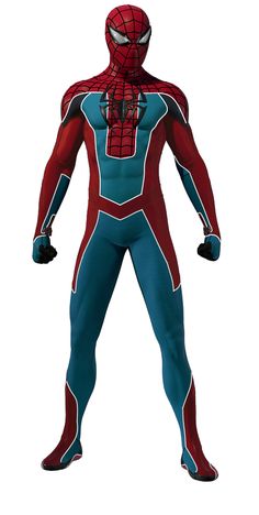 a man in a red and blue spider suit with his hands on his hipss