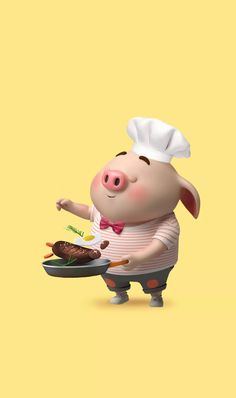 a pig with a chef's hat holding a plate of food