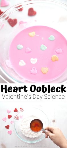 valentine's day science experiment for kids with hearts on the plate and text overlay reading heart oobleck valentine's day science