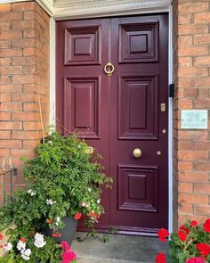 a red door with two potted plants next to it and flowers on the side