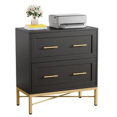 a dresser with drawers and a printer sitting on it's top shelf in front of a white background