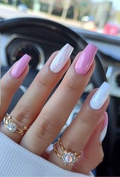 Blue White And Pink Nails, Pastel Nails Inspiration, Pink And White Nail Designs Acrylics, White And Pastel Nails, Square Nails Design Ideas Summer, Nail Blue And Pink, Nails Ideas Pink And White, Blue Pink Nails Design, White Colour Nails