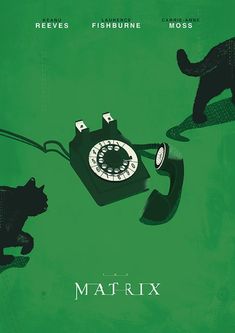 a green poster with a cat and an old phone