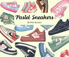 a bunch of sneakers that are painted in different colors and sizes with the words pastel sneakers on them