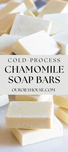 soap bars stacked on top of each other with the words cold process chamomile soap bars