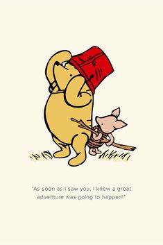 winnie the pooh and piglet hugging each other with a red bucket on their head