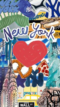 new york collage with the statue of liberty, empire building, and heart shaped pretzel