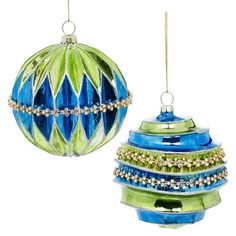 two christmas ornaments hanging from strings on a white background, one is green and the other is blue