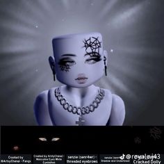 an animated image of a woman with black makeup and pearls on her head, looking at the camera