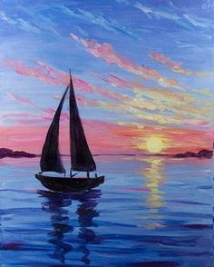 a painting of a sailboat in the ocean at sunset