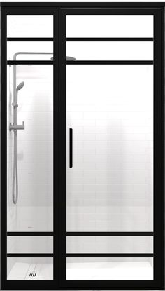 an open shower door in a white tiled bathroom with black trim and glass doors on both sides