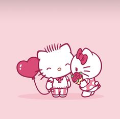 hello kitty wallpaper with two cats holding a heart shaped balloon and a teddy bear