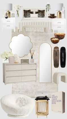 a collage of white furniture and accessories in an interior design mood board with neutral colors