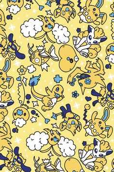 an image of many cartoon characters on a yellow background with white stars and blue clouds