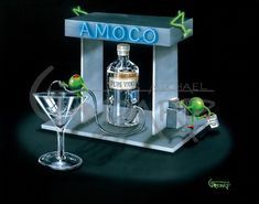 an advertisement for amoco is shown with martini glasses and bottles in front of it